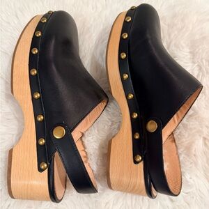 J. Crew Black Leather Mules with Gold Studs